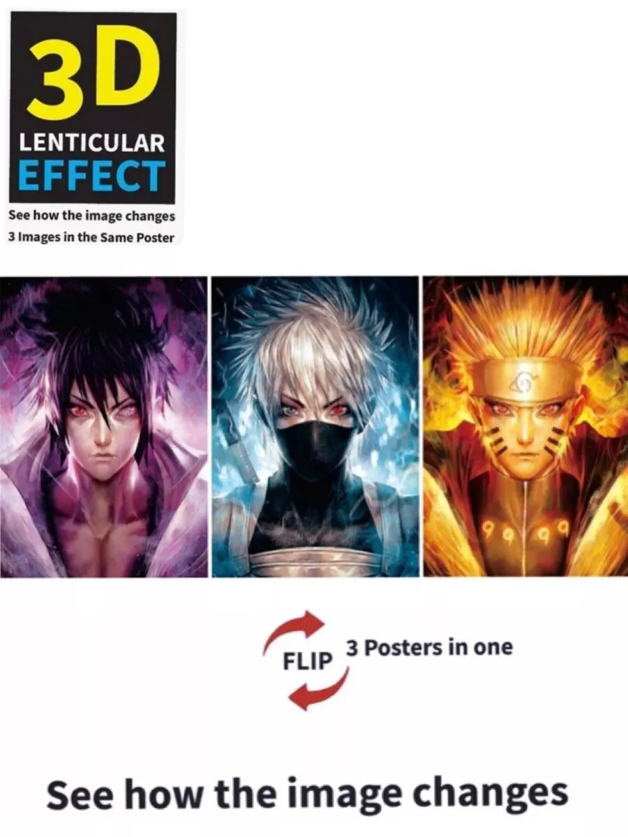 Naruto,Sasuke,kakashi-3D Poster 3D Lenticular Flip Effect,3Images In One Naruto,Sasuke,kakashi-3D Poster 3D Lenticular Flip Effect,3Images In One